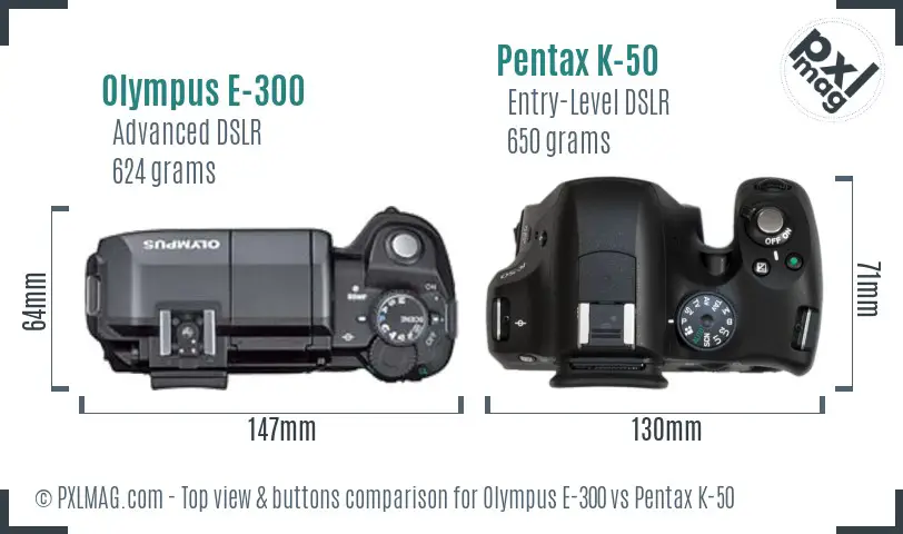 Olympus E-300 vs Pentax K-50 top view buttons comparison
