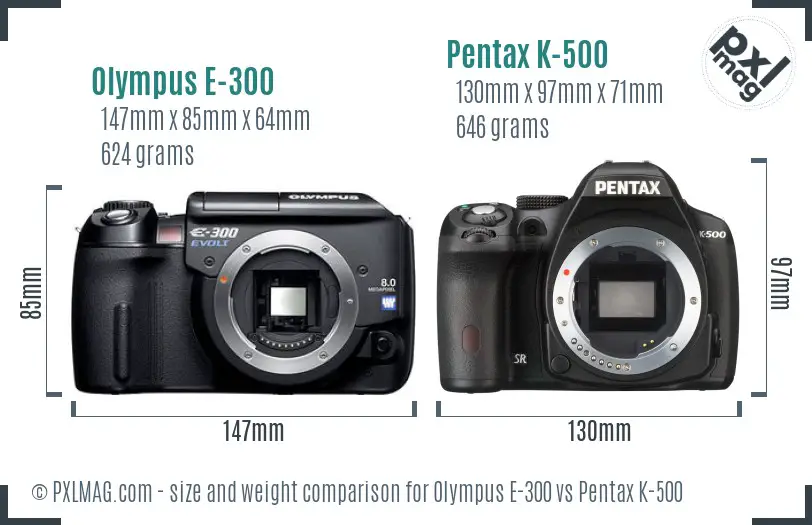 Olympus E-300 vs Pentax K-500 size comparison