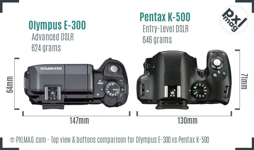 Olympus E-300 vs Pentax K-500 top view buttons comparison