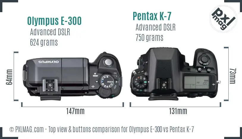 Olympus E-300 vs Pentax K-7 top view buttons comparison