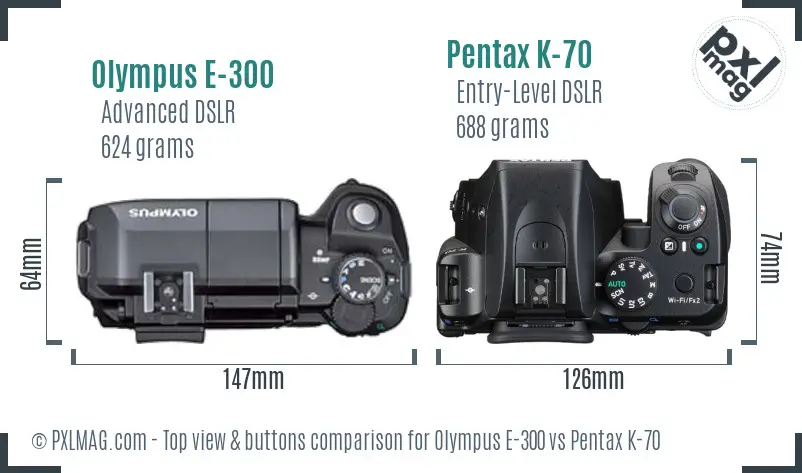 Olympus E-300 vs Pentax K-70 top view buttons comparison