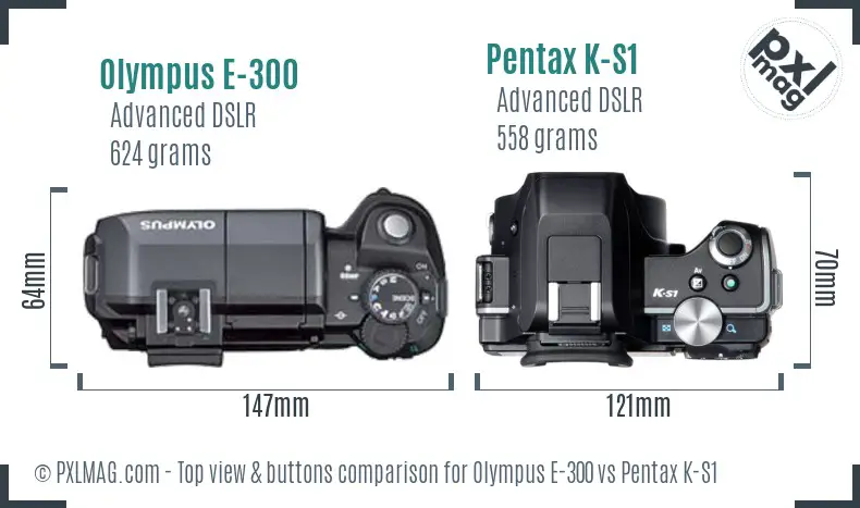 Olympus E-300 vs Pentax K-S1 top view buttons comparison