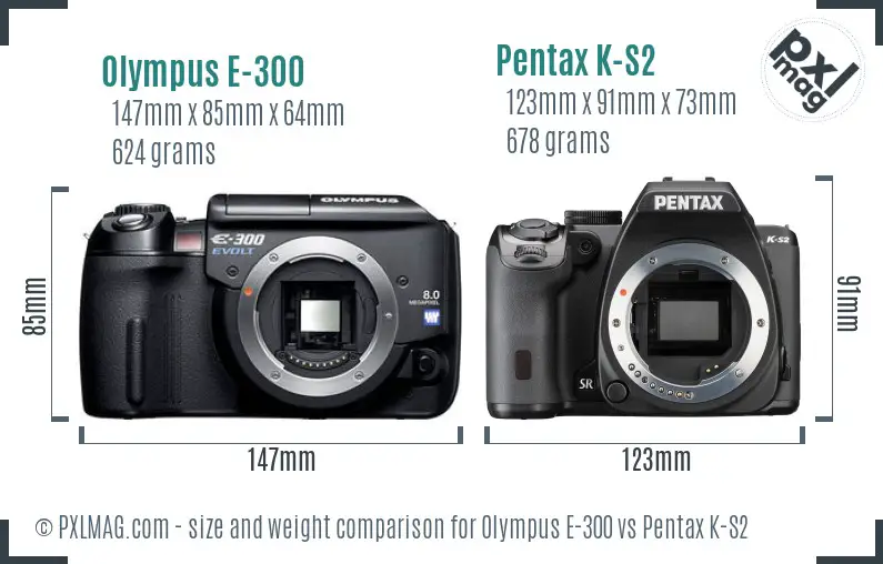 Olympus E-300 vs Pentax K-S2 size comparison