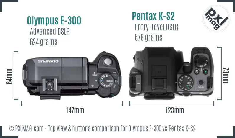 Olympus E-300 vs Pentax K-S2 top view buttons comparison