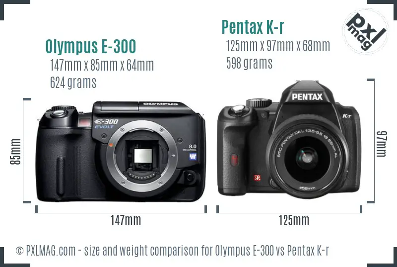 Olympus E-300 vs Pentax K-r size comparison