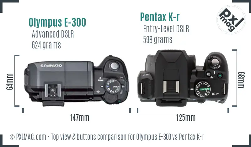 Olympus E-300 vs Pentax K-r top view buttons comparison