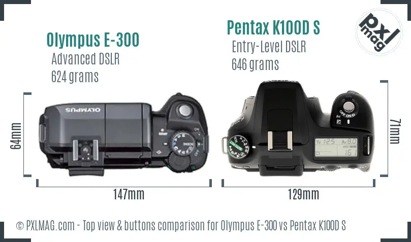 Olympus E-300 vs Pentax K100D S top view buttons comparison