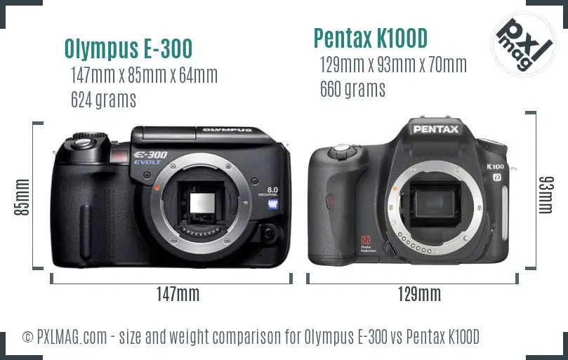 Olympus E-300 vs Pentax K100D size comparison