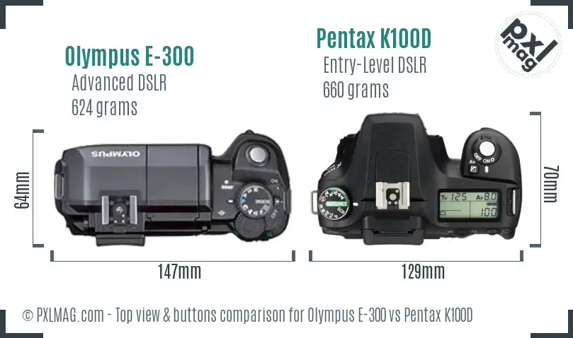 Olympus E-300 vs Pentax K100D top view buttons comparison