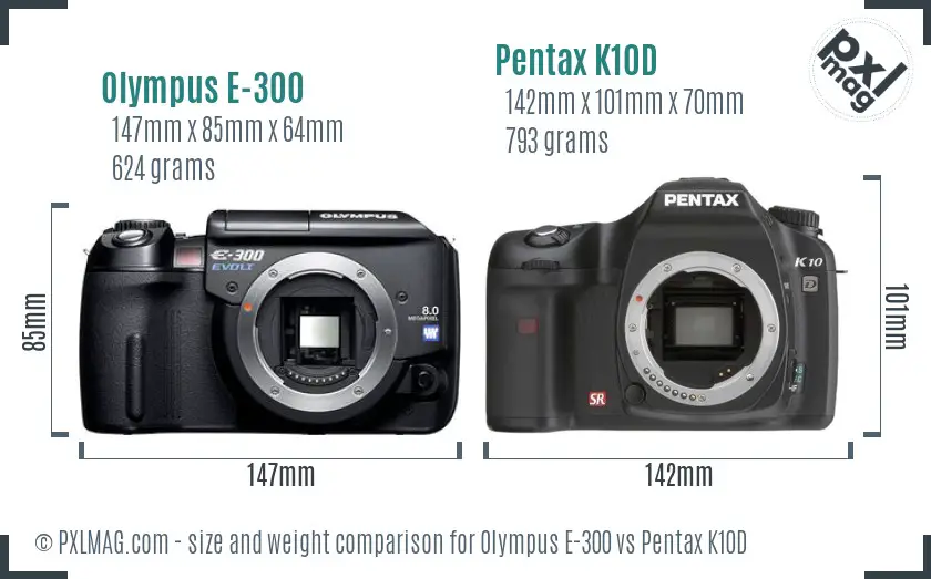 Olympus E-300 vs Pentax K10D size comparison