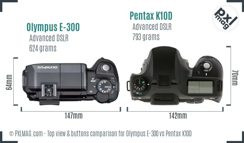 Olympus E-300 vs Pentax K10D top view buttons comparison
