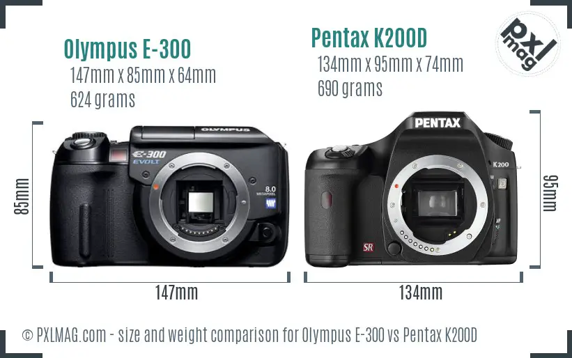 Olympus E-300 vs Pentax K200D size comparison