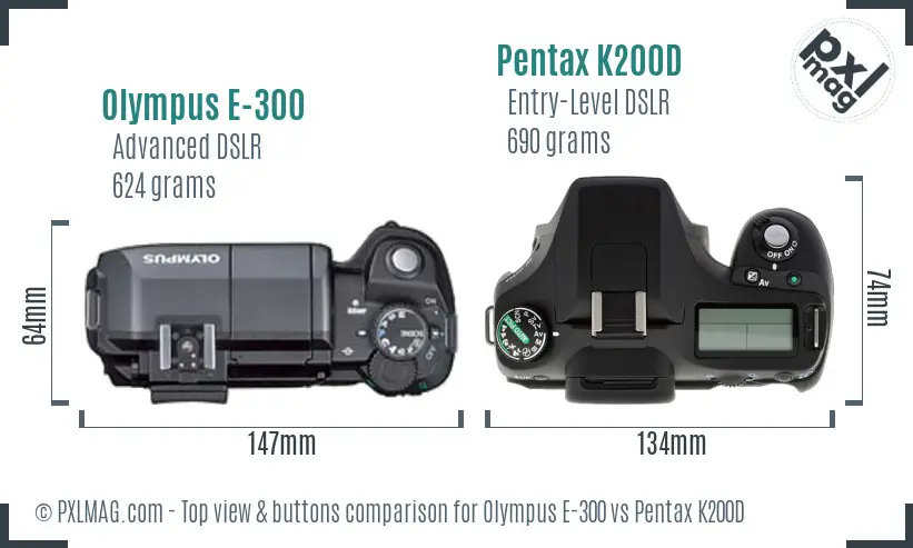 Olympus E-300 vs Pentax K200D top view buttons comparison