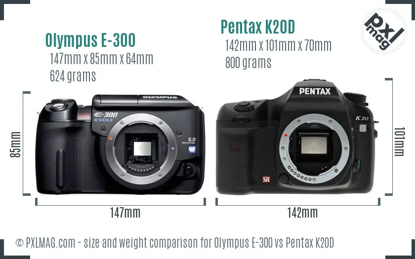 Olympus E-300 vs Pentax K20D size comparison