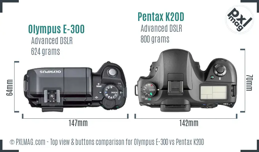 Olympus E-300 vs Pentax K20D top view buttons comparison