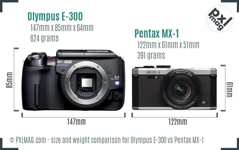 Olympus E-300 vs Pentax MX-1 size comparison