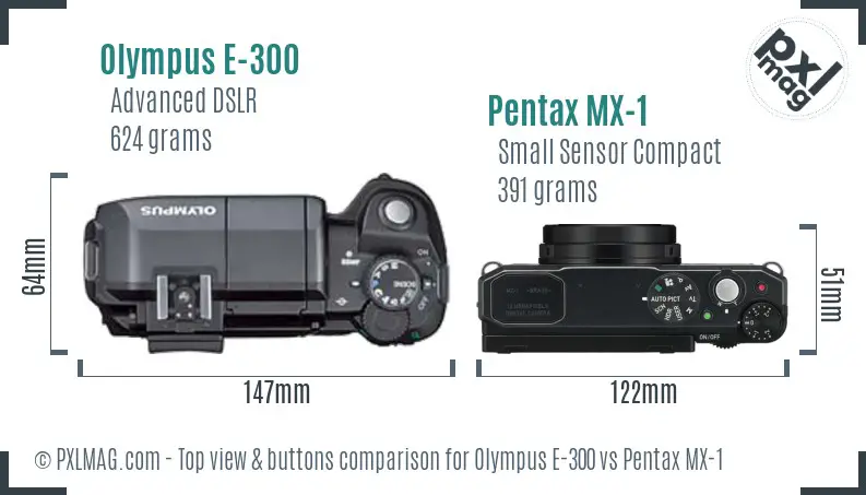 Olympus E-300 vs Pentax MX-1 top view buttons comparison