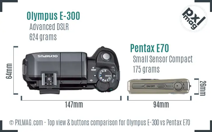 Olympus E-300 vs Pentax E70 top view buttons comparison