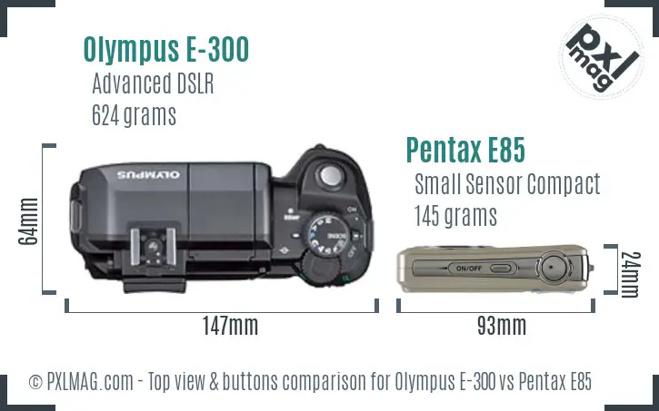 Olympus E-300 vs Pentax E85 top view buttons comparison