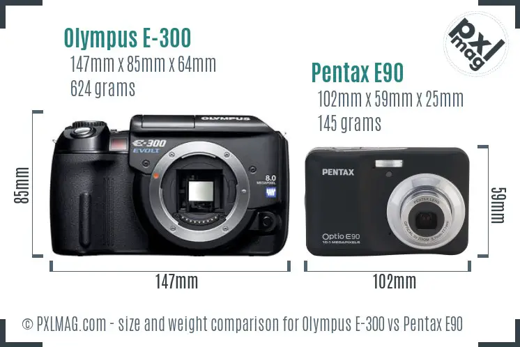 Olympus E-300 vs Pentax E90 size comparison