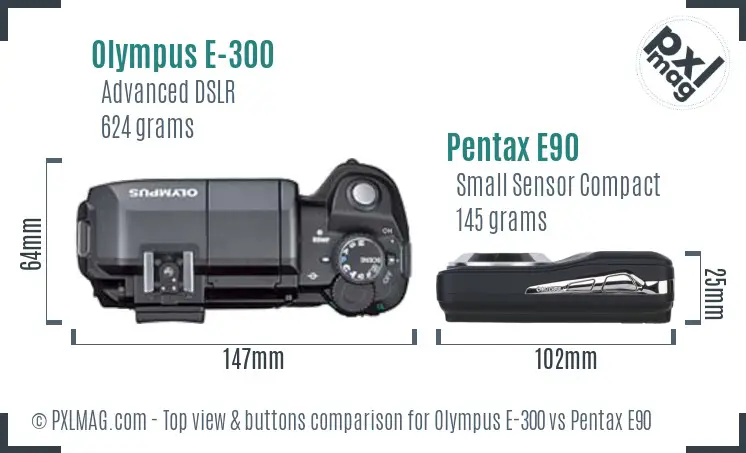 Olympus E-300 vs Pentax E90 top view buttons comparison