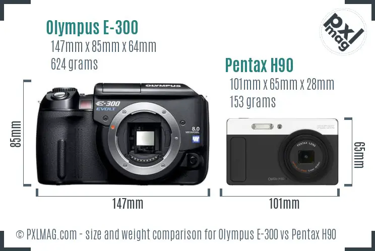 Olympus E-300 vs Pentax H90 size comparison
