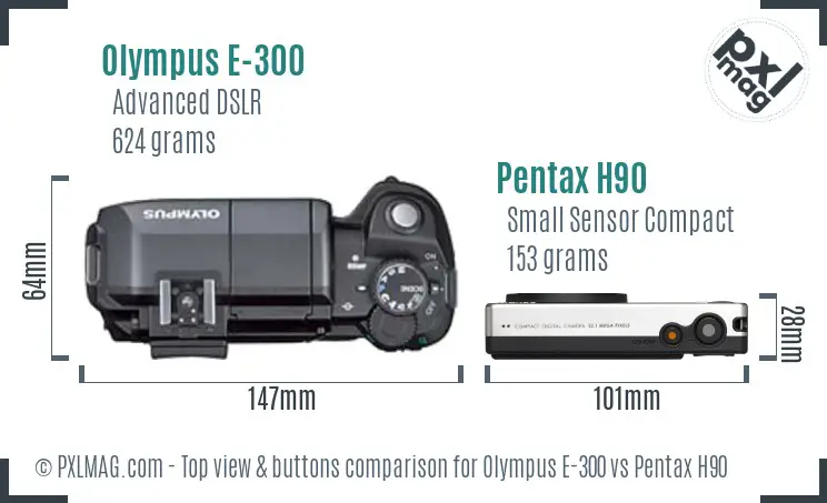 Olympus E-300 vs Pentax H90 top view buttons comparison