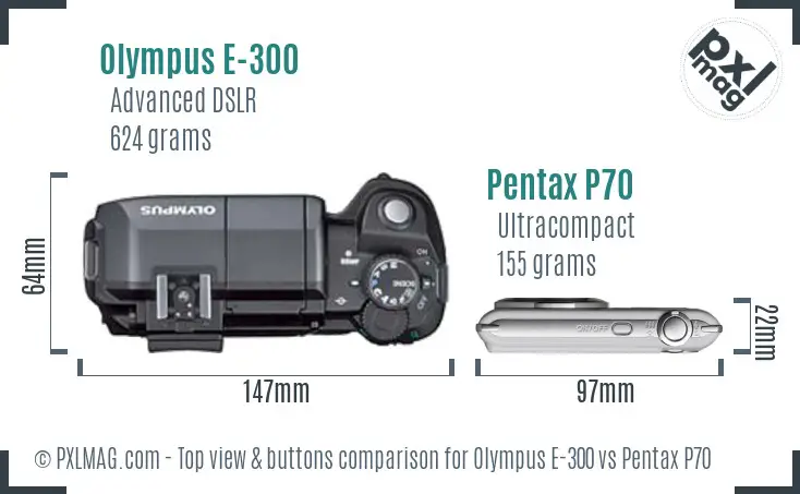 Olympus E-300 vs Pentax P70 top view buttons comparison