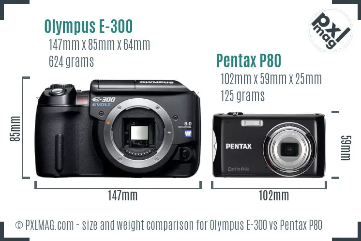 Olympus E-300 vs Pentax P80 size comparison