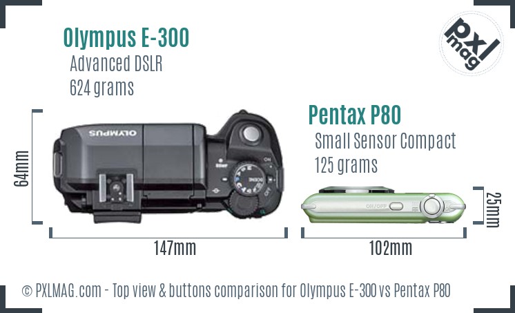 Olympus E-300 vs Pentax P80 top view buttons comparison