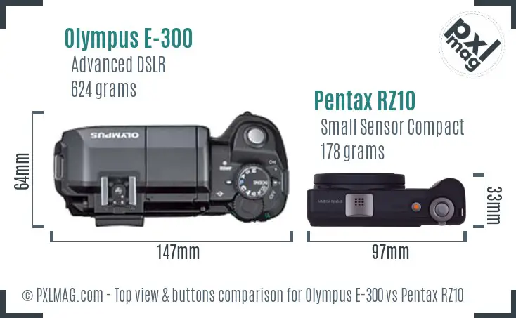 Olympus E-300 vs Pentax RZ10 top view buttons comparison