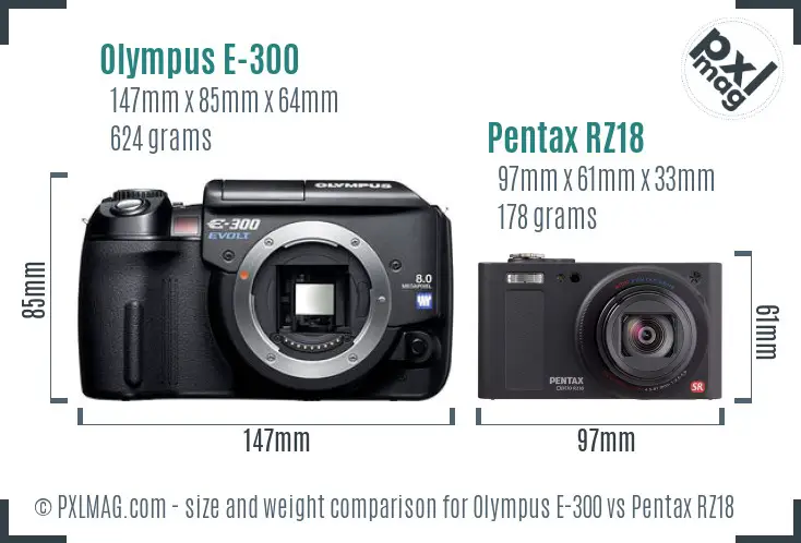 Olympus E-300 vs Pentax RZ18 size comparison