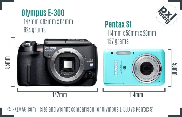 Olympus E-300 vs Pentax S1 size comparison