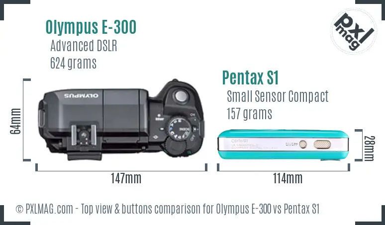Olympus E-300 vs Pentax S1 top view buttons comparison