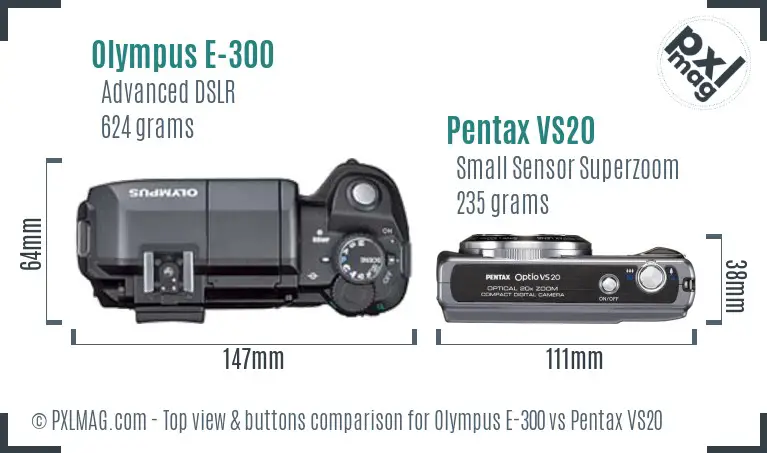 Olympus E-300 vs Pentax VS20 top view buttons comparison