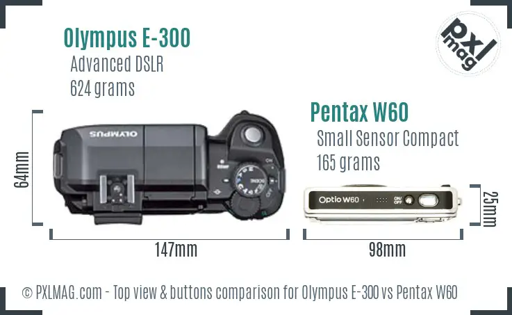 Olympus E-300 vs Pentax W60 top view buttons comparison
