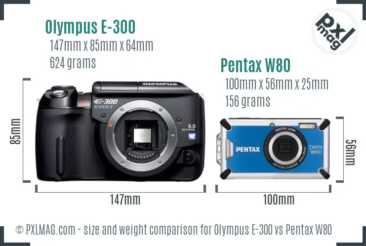 Olympus E-300 vs Pentax W80 size comparison