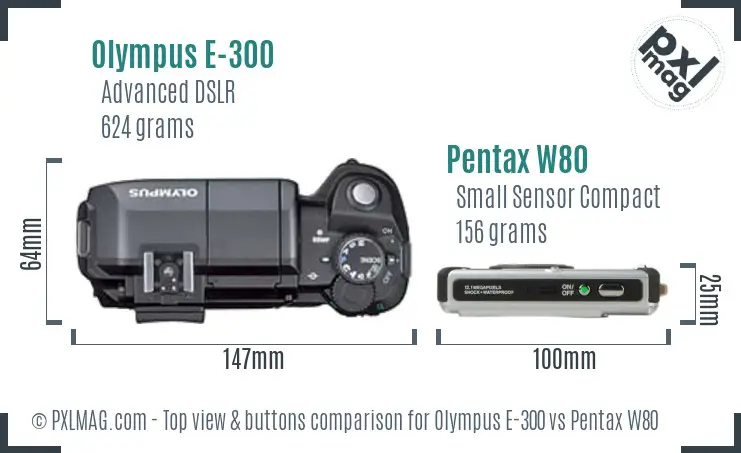 Olympus E-300 vs Pentax W80 top view buttons comparison