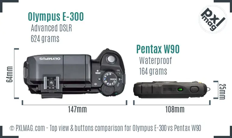 Olympus E-300 vs Pentax W90 top view buttons comparison