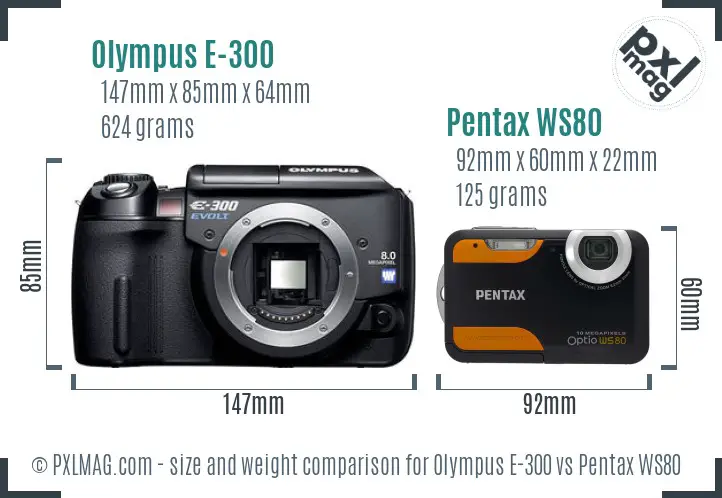 Olympus E-300 vs Pentax WS80 size comparison