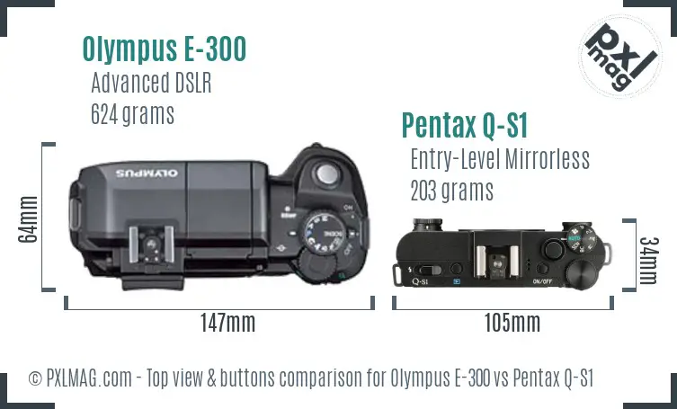Olympus E-300 vs Pentax Q-S1 top view buttons comparison
