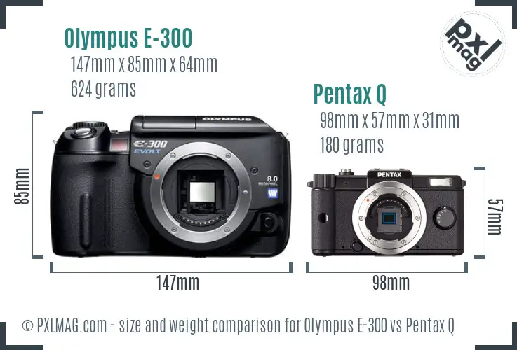 Olympus E-300 vs Pentax Q size comparison