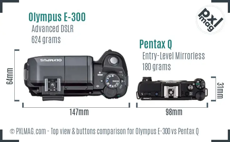 Olympus E-300 vs Pentax Q top view buttons comparison