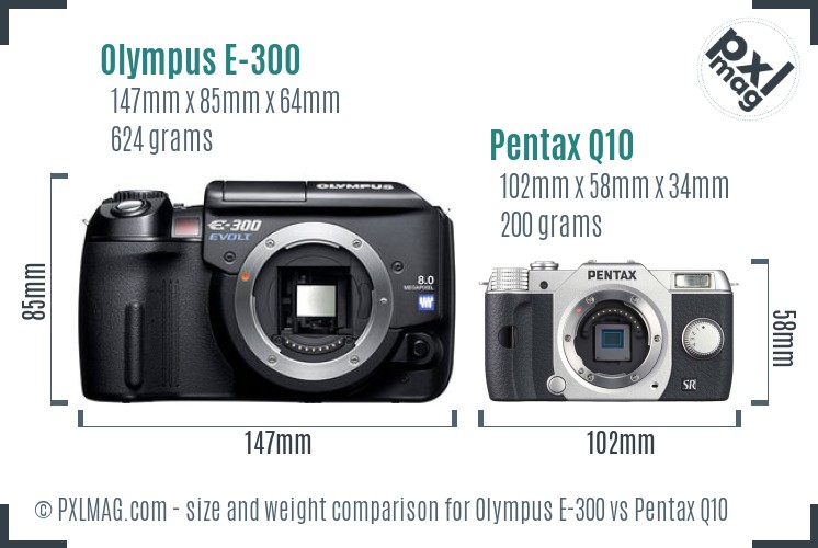 Olympus E-300 vs Pentax Q10 size comparison