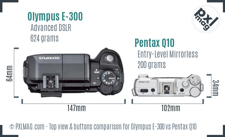 Olympus E-300 vs Pentax Q10 top view buttons comparison