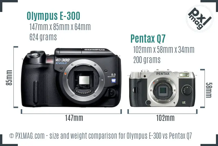 Olympus E-300 vs Pentax Q7 size comparison