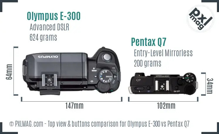 Olympus E-300 vs Pentax Q7 top view buttons comparison