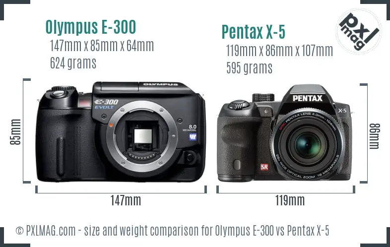 Olympus E-300 vs Pentax X-5 size comparison Olympus E-300 vs Pentax X-5 size comparison