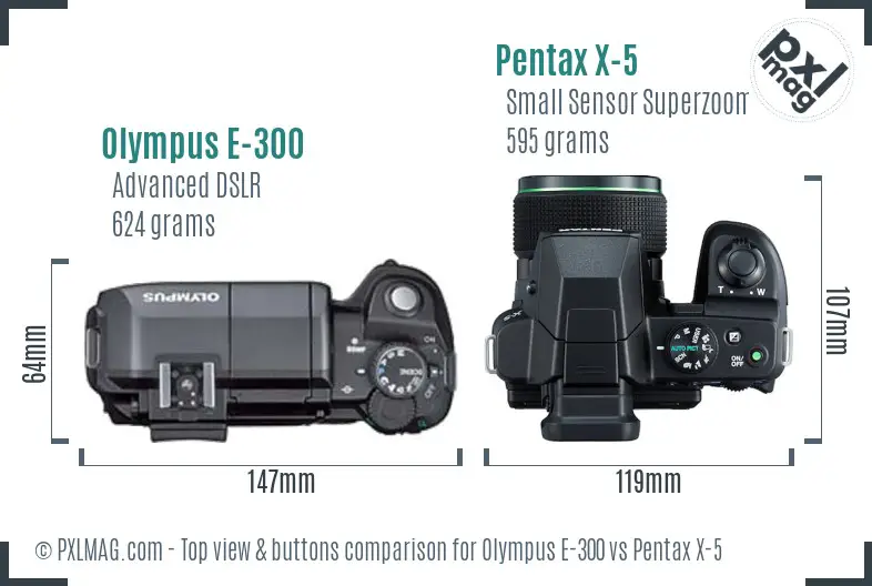 Olympus E-300 vs Pentax X-5 top view buttons comparison Olympus E-300 vs Pentax X-5 top view buttons comparison