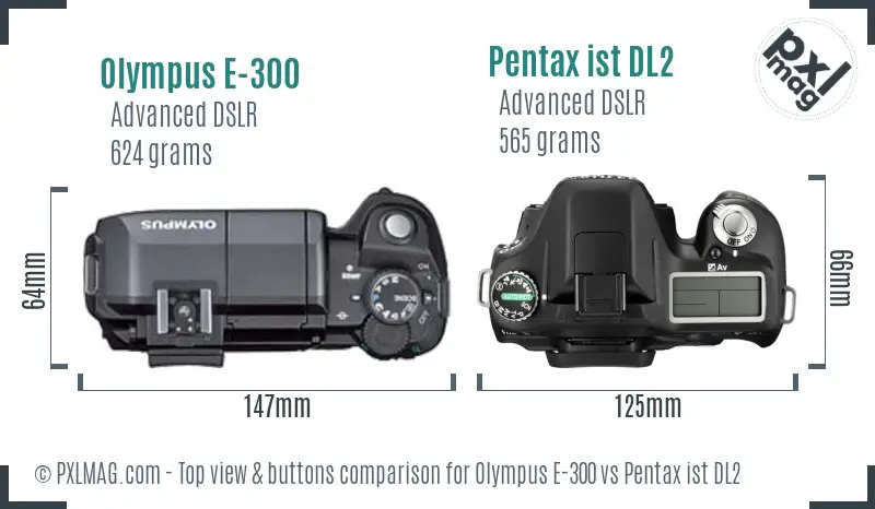 Olympus E-300 vs Pentax ist DL2 top view buttons comparison